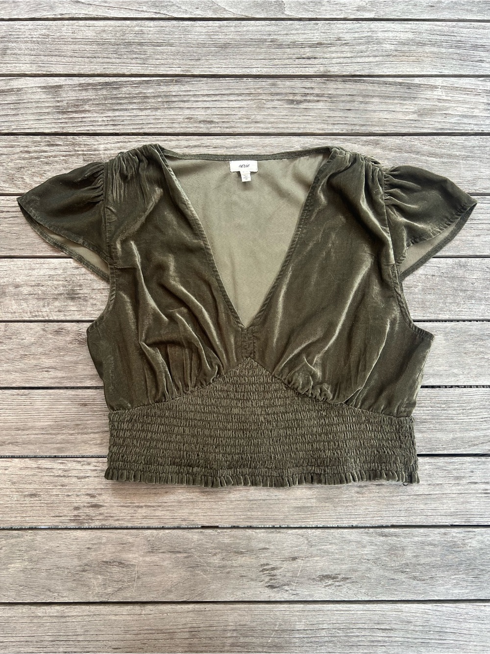 aerie Olive Velvet Smocked V-Neck Crop Top